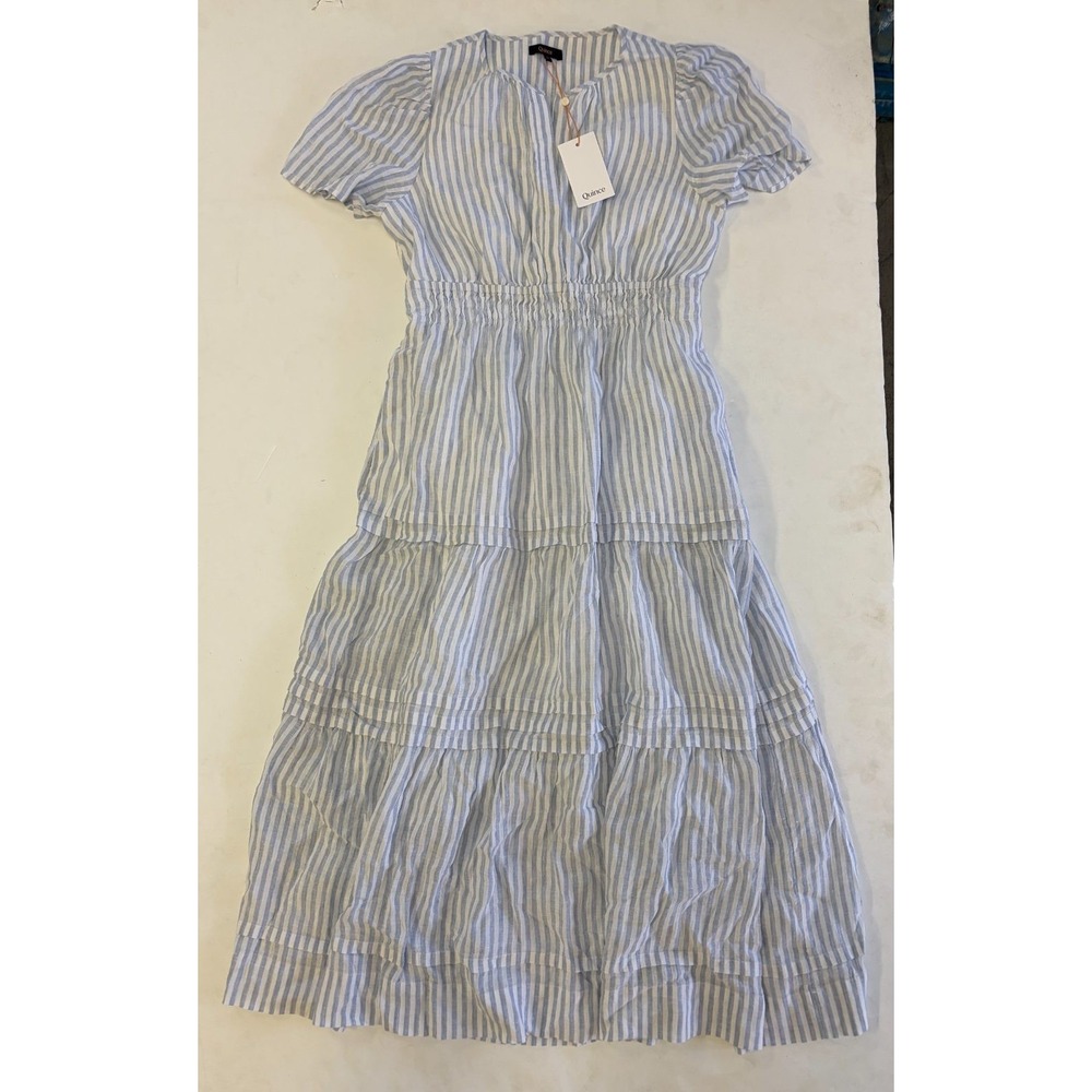 Quince 100% Linen Tiered Midi Dress Womens M Blue White Stripe Puff Sleeve NWT